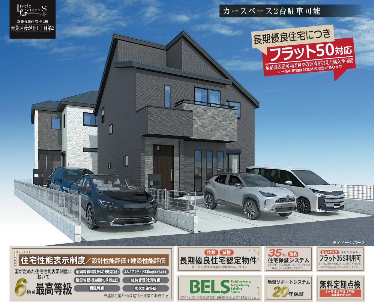 横浜市青葉区藤が丘1丁目 新築戸建て【仲介手数料無料】カースペース2台の外観パース