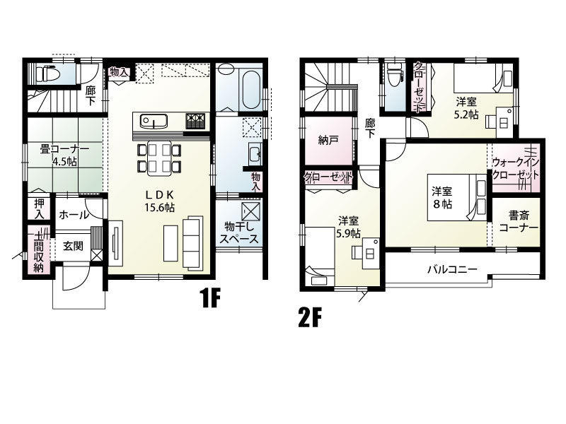 行田市桜町2丁目７区画　５号棟　間取り　３LDK。15.6帖のLDKと4.5帖の畳コーナーの間に壁がないので、20.1帖の広い空間として使えます♪また洗濯など家事がしやすい間取り配置も特徴です。