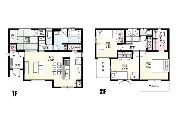 行田市桜町2丁目７区画　６号棟　間取り　17.6帖の広いLDKを中心とした間取り。階段下収納やパントリーなど収納が多いプランを採用しました♪