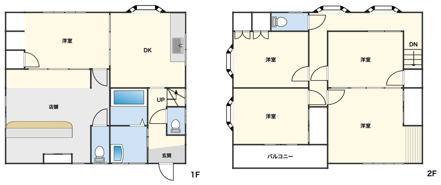 店舗・住宅の独立玄関仕様　5DKの間取り～千葉県野田市次木～の間取り|1階に店舗と洋室、2階に洋室4部屋を配置した5DK
