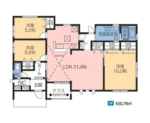 第3榛東村広馬場　新築住宅全4棟の間取り|■建坪30.48坪　敷地129.37坪　平屋建て　LDK21帖　SIC　収納豊富■