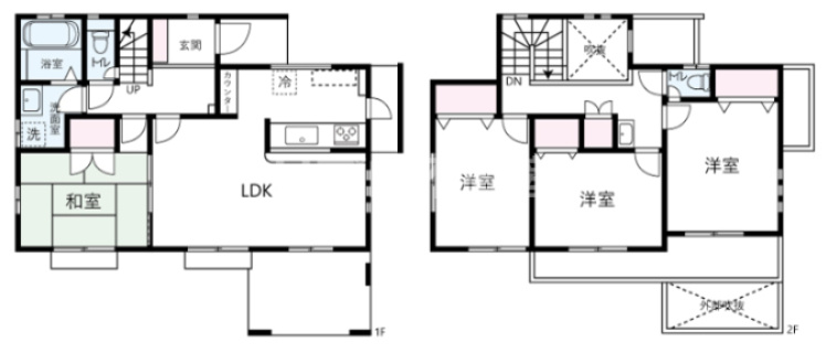 柏市南増尾３丁目戸建の間取り|１階は対面キッチンと和室、２階は３室とバルコニー、洗面台、トイレがあります！