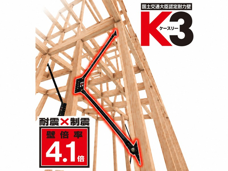 【構造画像：高性能ダンパーK3】耐震と制震を兼ね備えており、２つの性能の相乗効果で地震から住まいを守ります。壁の強さを表す壁倍率で上位ランクである「4.1倍」に認定されました。