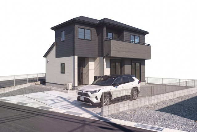 1号棟《完成イメージ》深みのあるディープブルーと清潔感のあるアイボリーを組み合わせたモダンなツートンカラーの外観です。落ち着きと洗練された佇まいを演出します。