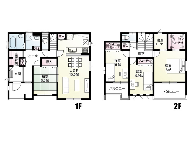 【1号棟：間取り図】土間収納やWICなど、家中に収納が豊富で片付け上手になれる間取りです！書斎コーナーや和室など、自分の時間も家族の時間も両方大切にできます。