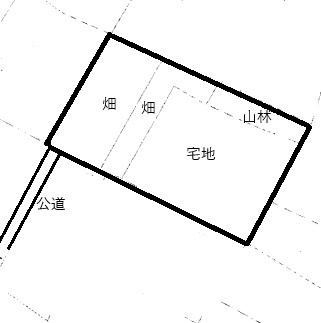 野田市目吹土地の土地図|南西側公道（幅員2.7m）宅地部分があり接道要件を満たす必要があります。