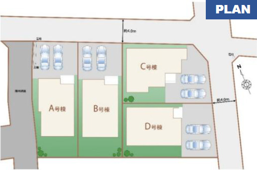 宇都宮市雀の宮１丁目　新築住宅全４棟の区画図|「初めまして！」が集まる分譲地。たくさんの子供たちが年齢を問わずに、仲良く一緒に成長できるのは分譲地の特徴ですね。