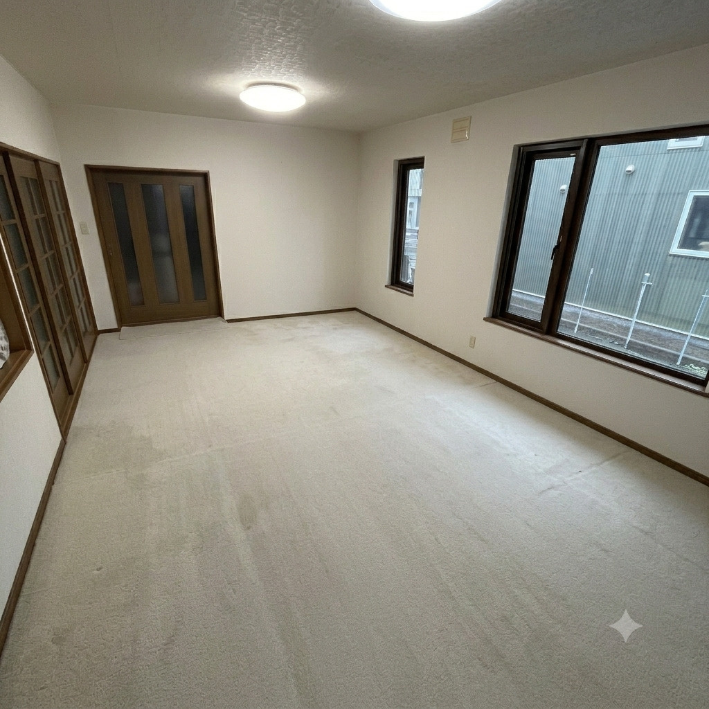 登別市美園町1丁目12-4　中古住宅の居間・リビング|家具、家電を削除しております。AI加工済み。