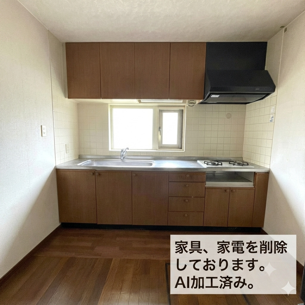 登別市美園町1丁目12-4　中古住宅のキッチン|家具、家電を削除しております。AI加工済み。
