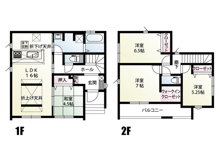 行田市持田５丁目　１区画　間取り　折り上げ天井やアクセントクロスなどオシャレなLDKを中心とした住まい。浴室・洗面・LDKが直線に並んだ家事のしやすい家事動線が特徴の間取りです。