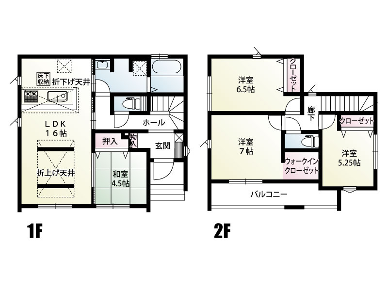 行田市持田５丁目　１区画　間取り　折り上げ天井やアクセントクロスなどオシャレなLDKを中心とした住まい。浴室・洗面・LDKが直線に並んだ家事のしやすい家事動線が特徴の間取りです。