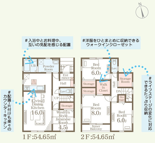 栃木市大平町富田第１６　新築住宅全２棟の間取り|■建坪33.06坪　敷地63.35坪 　WIC　納戸　インナーバルコニー　主寝室８帖■