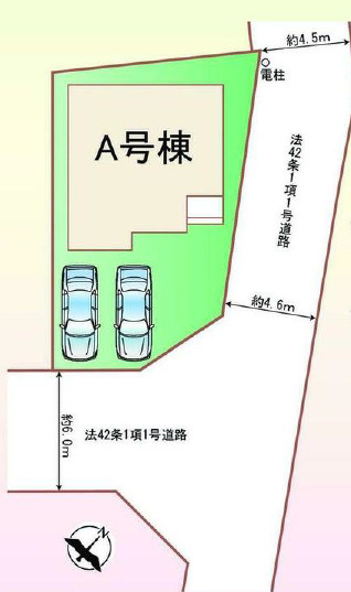 宇都宮市御幸ケ原町の新築一戸建の区画図|並列駐車２台可能で急な来客でも安心♪角地で日当たり通風良好！車の出入りもらくらくです♪
