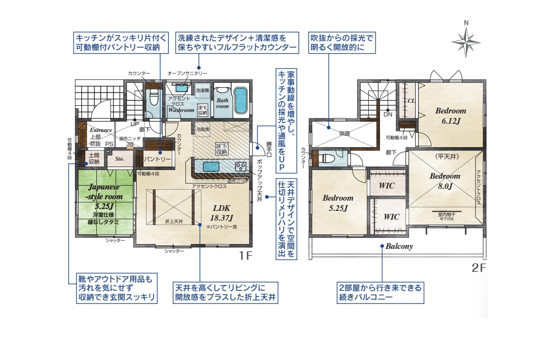 前橋市上新田町　新築住宅全2棟の間取り|◇土地56.80坪　建物32.49坪　パントリー　WIC2ヵ所　ワイドバルコニー◇