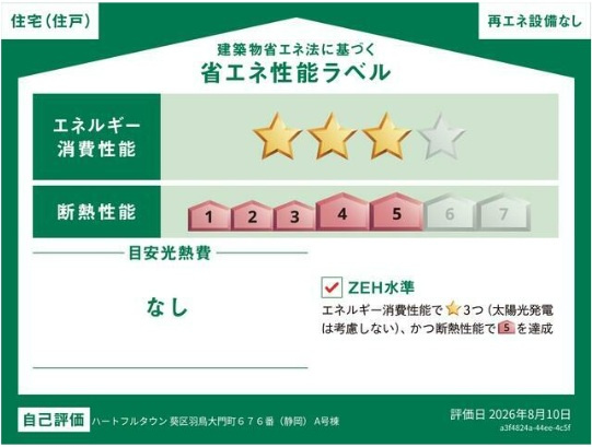 ハートフルタウン　葵区羽鳥大門町676番の省エネ性能ラベル|冷暖房等の年間の消費エネルギーを高断熱＋省エネによって20％以上削減できていることが証明されたラベルです！
※写真画像は参考となります