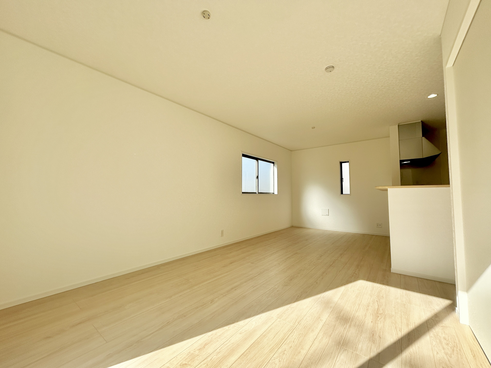 高崎市吉井町神保第2　新築住宅全2棟の居間・リビング|オープンな空間を生み出す、こだわりの広がりとゆとり。家族と過ごす時間を大切にしたい方にぴったりの明るくゆとりある住空間です。窓からの日差しがリビングの隅々までしっかりと届きます！ 