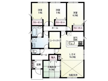 加羽ケ崎第1　新築一戸建て：開放感のあるLDK: 16.5帖のLDKには勾配天井と床下収納が備わっており、広々とした空間と高い収納力を両立しています