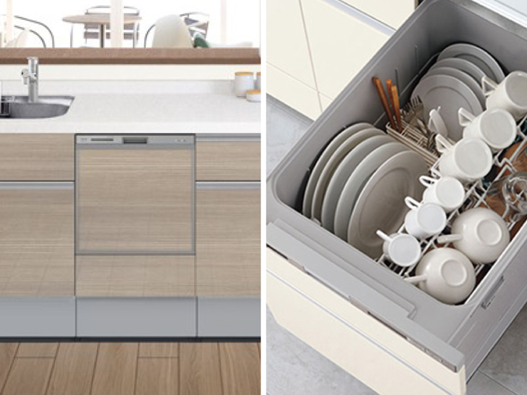 【食器洗い乾燥機】キッチンと美しく一体化。手で洗うよりも節水になり、家事の負担も軽減できます。（※システムキッチン付属の設備です。各メーカーの仕様に準じます。）