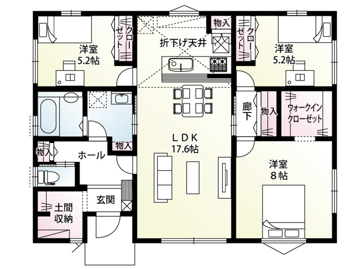 【千代田町舞木全3区画　1号棟　間取図】
人気の平屋のLDKは17.6帖で南側の掃き出し窓から明るい陽が入ります。LDKが家の中心になりご家族の会話が自然に生まれる間取となっています。