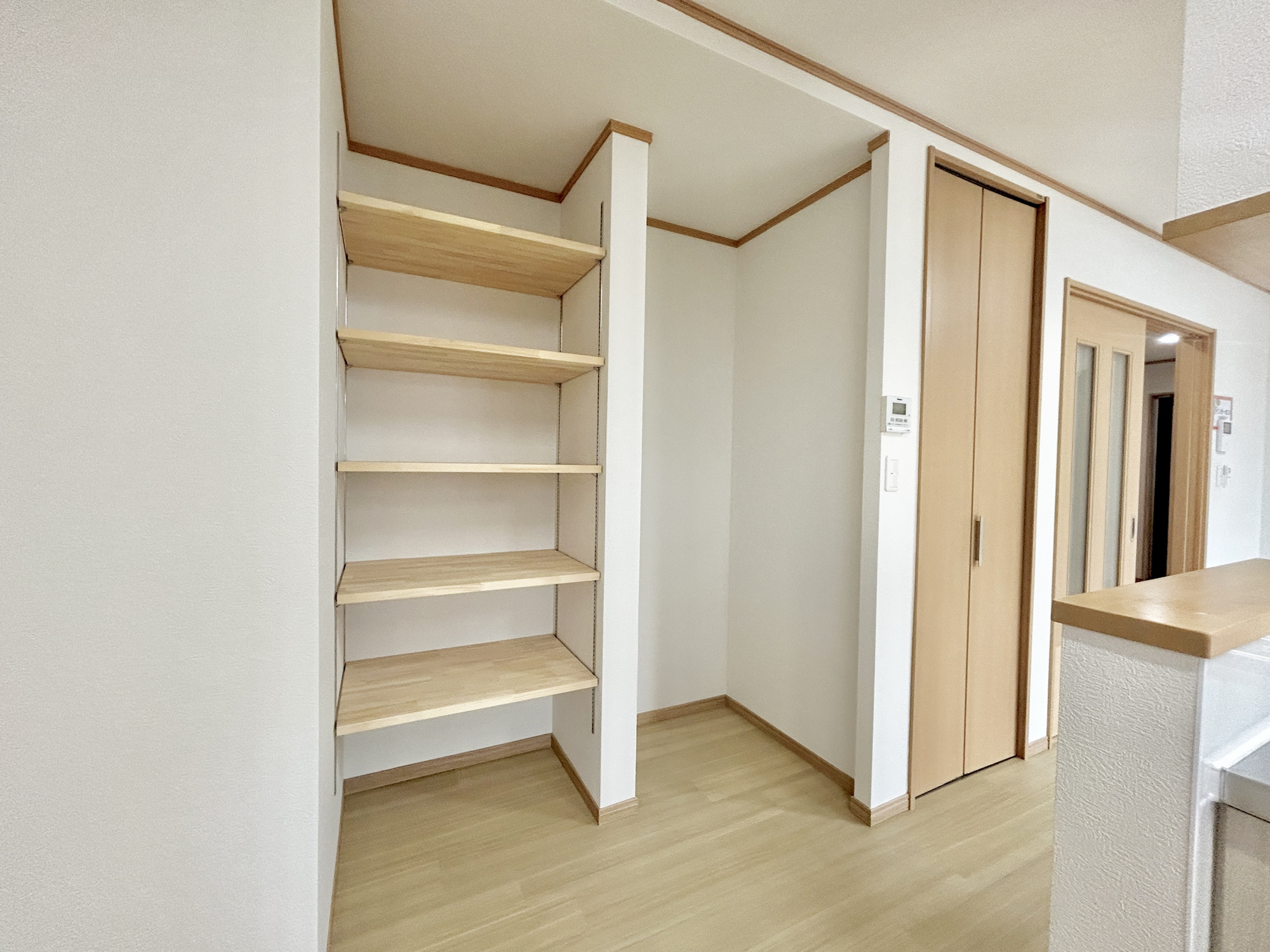 伊勢崎市長沼町　中古住宅の収納|キッチンの横には、可動棚完備！買い置きした物たくさん収納できます♪収納ボックスなどを配置して使えば、多様な使い方が出来、収納の幅が広がります！