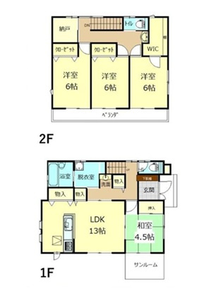 伊勢崎市長沼町　中古住宅の間取り|■土地73.20坪　建物31.81坪　納戸　WIC　サンルーム　バルコニー■