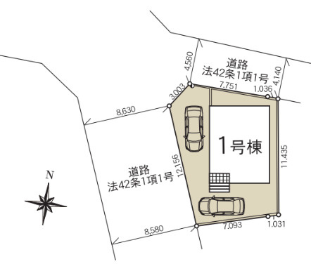 塩谷郡高根沢町宝積寺２丁目の新築一戸建の区画図|角地で日当たり・通風良好！前面道路の幅員も８．６ｍと広く、車の出し入れも楽々です♪