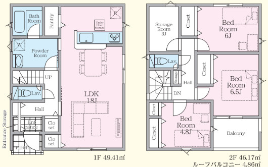 さくら市草川第３　新築住宅全２棟の間取り|◇土地53.37坪　建物28.91坪　ルーフバルコニー　全居室二面採光　納戸　パントリー◇