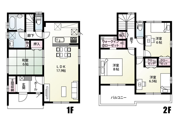 5号棟　建物面積108.47㎡（32.81坪）17.9帖の広々LDKと隣接する和室で開放的な空間に！2階には大容量のウォークインクローゼットや全室収納を完備。土間収納もあり、スッキリ暮らせる間取です！
