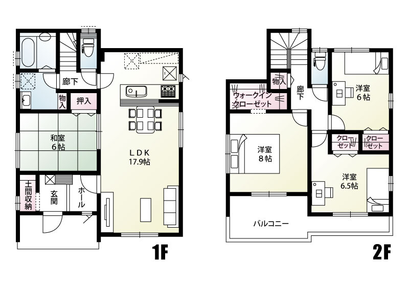 5号棟　建物面積108.47㎡（32.81坪）17.9帖の広々LDKと隣接する和室で開放的な空間に！2階には大容量のウォークインクローゼットや全室収納を完備。土間収納もあり、スッキリ暮らせる間取です！