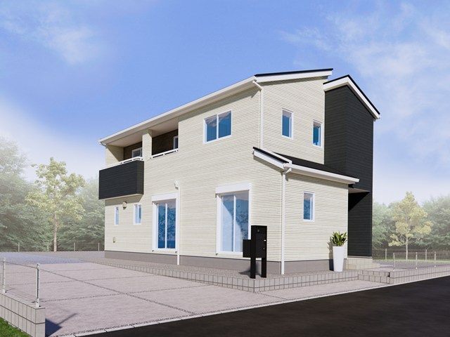 1号棟《完成イメージ》白と黒のモダンな外観が映える新築一戸建て。広々とした敷地には、車を最大8台も駐車できる並列スペースを確保！南向きの大きな窓から光が差し込む、明るく開放感に満ちた暮らしが叶います！