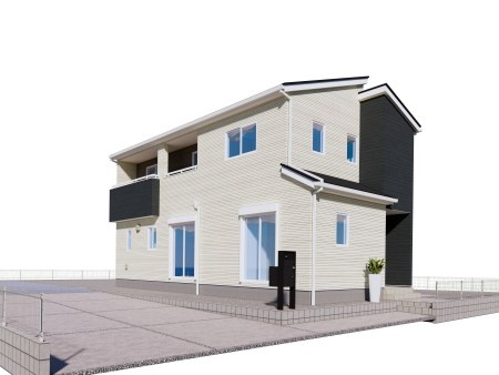 1号棟《完成イメージ》白と黒のモダンな外観が映える新築一戸建て。広々とした敷地には、車を最大8台も駐車できる並列スペースを確保！南向きの大きな窓から光が差し込む、明るく開放感に満ちた暮らしが叶います！