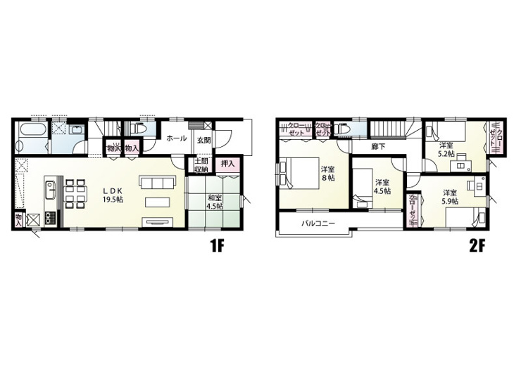 1号棟　建物面積112.89㎡（34.14坪）広々19.5帖のLDKは、隣接する和室を開放すれば大空間に！2階は洋室が4部屋あり全室に収納を完備。生活動線に配慮した豊富な収納が暮らしやすさを叶えます！