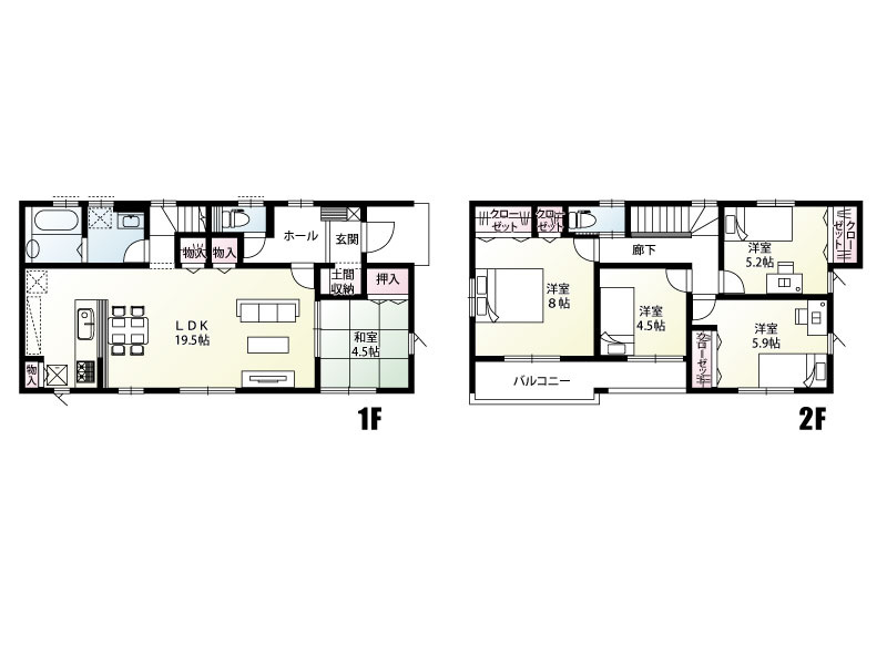 1号棟　建物面積112.89㎡（34.14坪）広々19.5帖のLDKは、隣接する和室を開放すれば大空間に！2階は洋室が4部屋あり全室に収納を完備。生活動線に配慮した豊富な収納が暮らしやすさを叶えます！