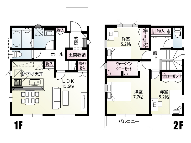 《2号棟　間取図》居室に収納完備！大きなウォークインクローゼットや玄関の土間収納など、片付けがスムーズになる工夫が満載の機能的なお家です。