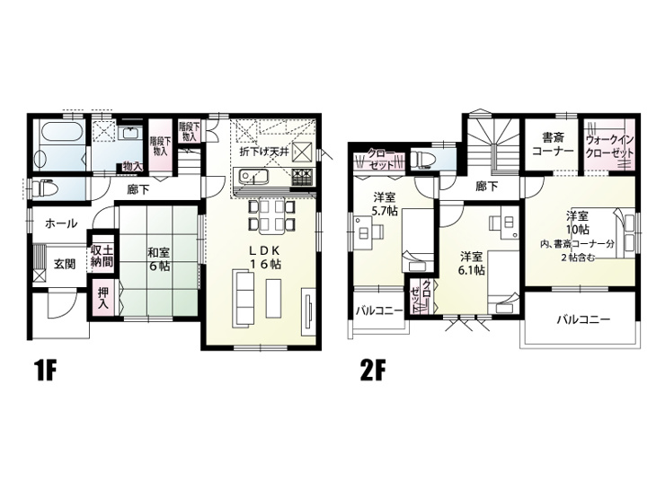 【館林市富士原町全1区画　間取図】
LDKは16帖で窓が二つあり明るい陽が入ります。和室にもお庭が望める掃き出し窓があります。2階主寝室には在宅ワーク等にご利用できる書斎コーナーがあります。
