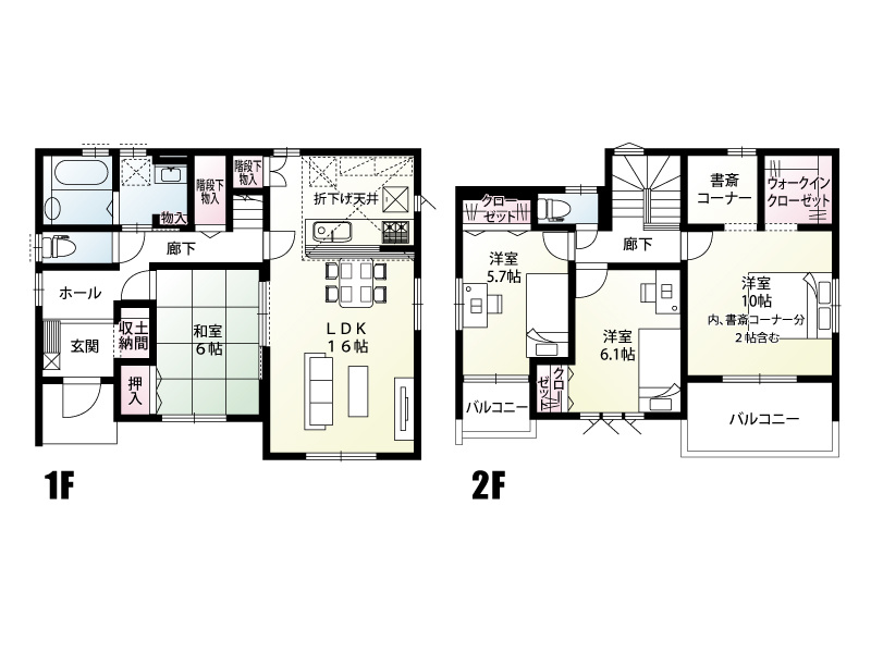 【館林市富士原町全1区画　間取図】
LDKは16帖で窓が二つあり明るい陽が入ります。和室にもお庭が望める掃き出し窓があります。2階主寝室には在宅ワーク等にご利用できる書斎コーナーがあります。