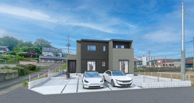 外観(完成イメージ)　駐車最大5台可能+お庭スペース付き！ご家族の増車や来客時も駐車スペースに困りません！※この画像は実際の現地の写真にCG合成したものです。
