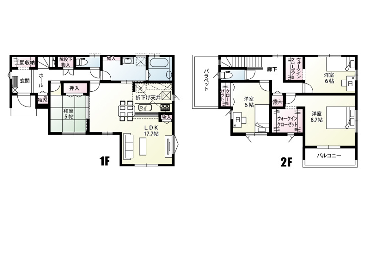 間取り　洋室の2部屋にウォークインクローゼット付き！各階の共用物入はもちろん、土間収納や階段下物入などのある収納充実な間取り。