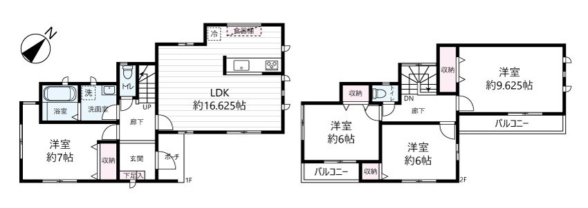 野田市山崎戸建ての間取り|１階　LDK１６．６帖、洋室７．０帖　２階　主寝室９．６帖、洋室６．０帖×２室