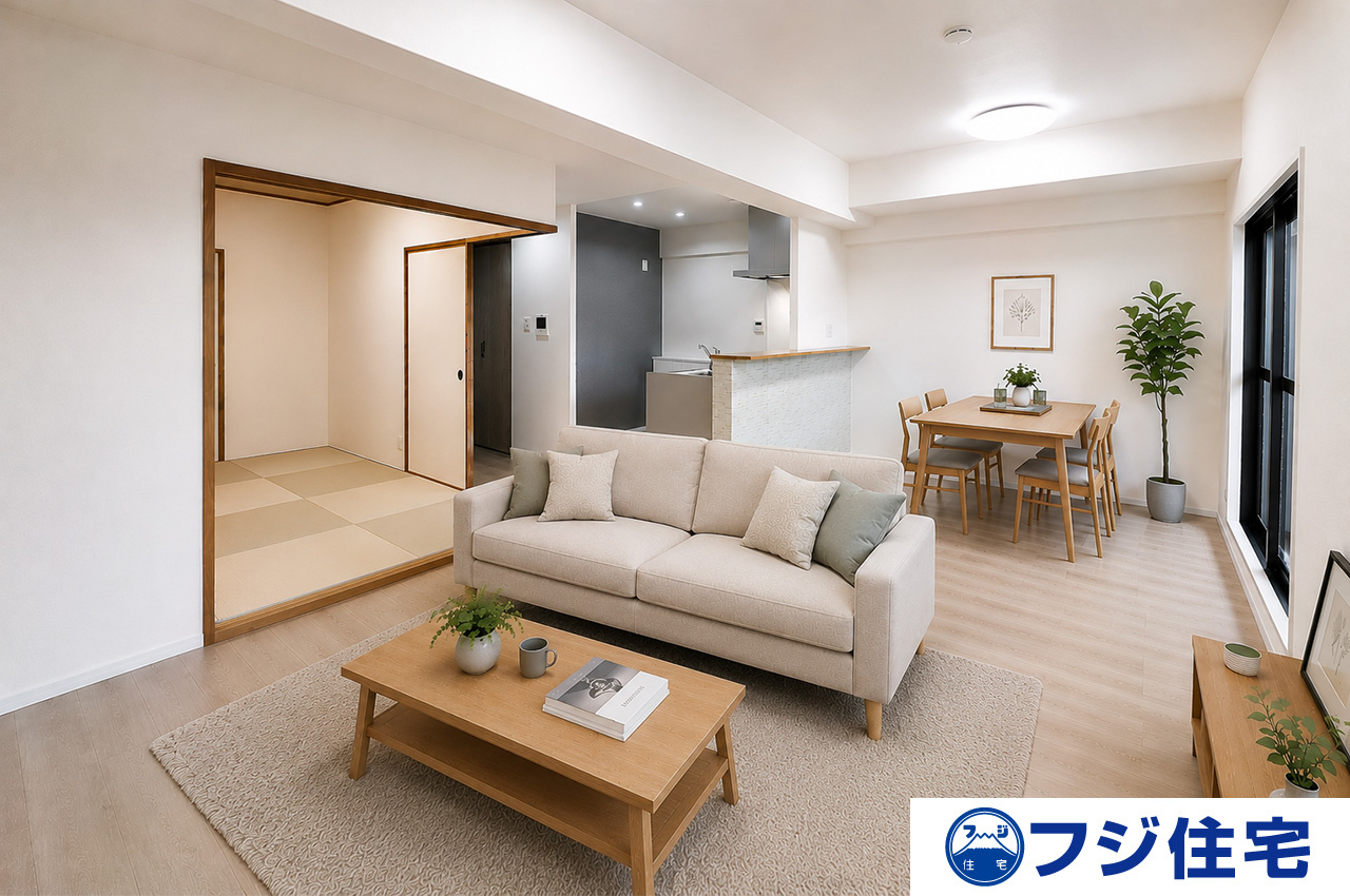 ファミールハイツ堺II番館の居間・リビング|LDK：バーチャルステージング画像（AI合成）です。合成された家具等は販売価格に含まれません。