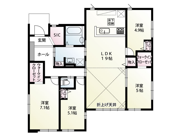 19帖のゆとりあるLDKを中心に、家族それぞれのプライベート空間も確保した4LDK平屋です!
ワンフロアならではのスムーズな生活動線で、子育て世帯にも暮らしやすい住まいです♪