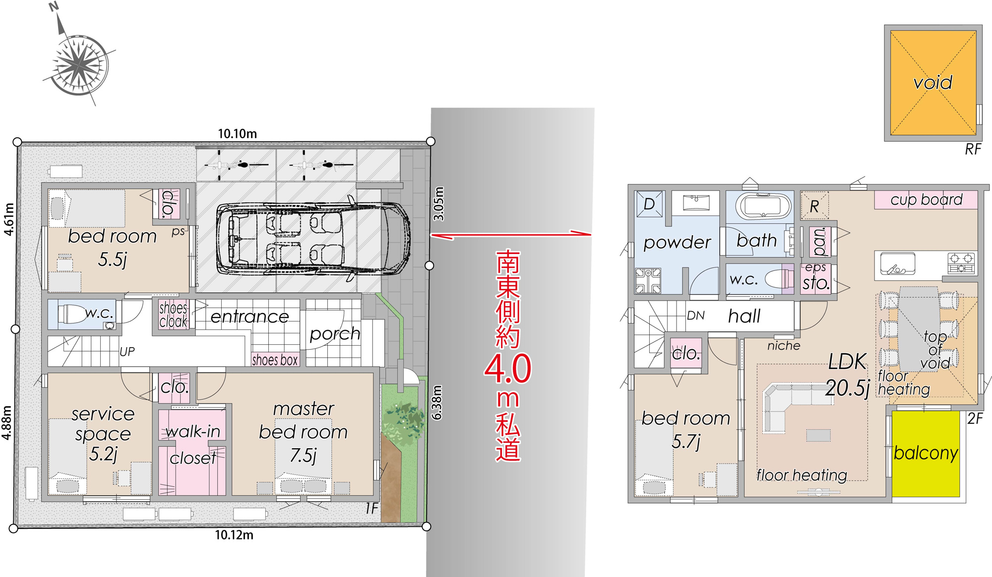 新築分譲［ミラクラス東が丘Ⅱ］の間取り|◇建物37坪超・２階建て　◇LDK20.5帖／隣室引戸開放で26.2帖として利用可・一部天井吹き抜け　◇１フロア家事完結動線＆乾太くん（ガス衣類乾燥機）　◇大型SUV対応車庫