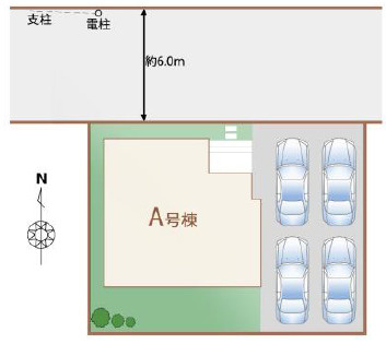 宇都宮市竹林町の新築一戸建の区画図|計４台駐車可能で急な来客や家族が増えても対応可能！（車種によります）
前面道路幅員６ｍで車がすれ違いやすく出し入れもしやすい♪