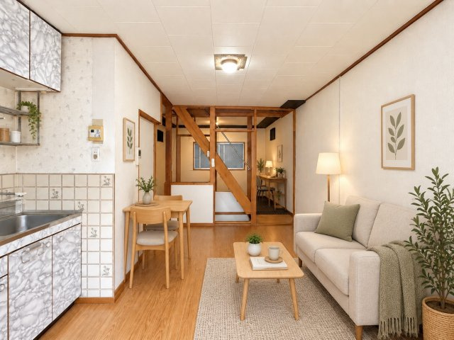 東住吉区住道矢田８丁目の居間・リビング|木目調の床と階段まわりの造作が、あたたかみのある室内を演出しています♪※本画像はCGで作成しており、