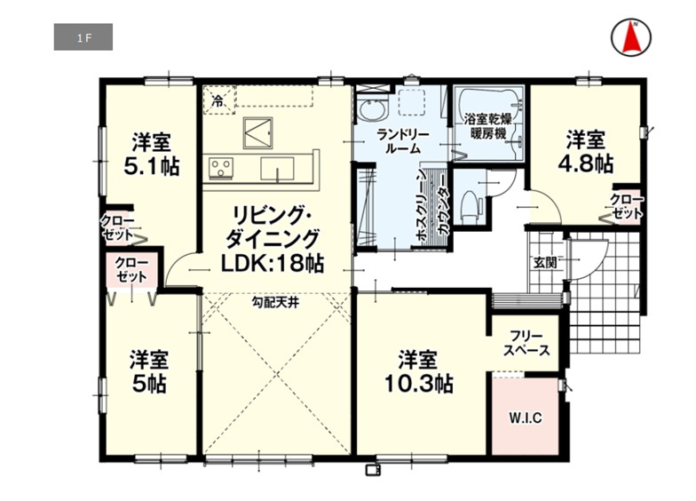 伊勢崎市境1期　新築住宅全1棟の間取り|■建坪28.77坪　敷地96.63坪　WIC　フリースペース　平屋建て■