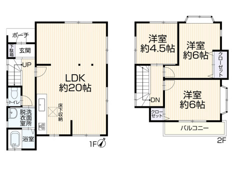 我孫子市台田３丁目戸建ての間取り|１階LDK２０．０帖　２階洋室６．０帖、６．０帖、４．５帖　南東向きバルコニー