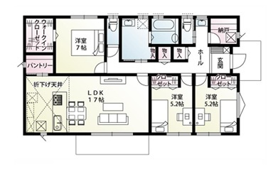 高崎市引間町　新築住宅全2区画の間取り|■土地95.12坪　建物28.80坪　パントリー　WIC　納戸■