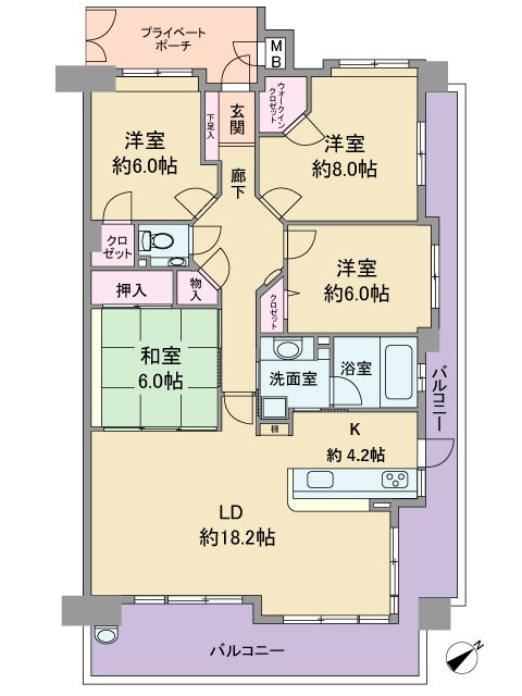 フローレンス連坊小路グランドアークの間取り|収納が多く、各居室6帖以上あり。室内に柱間がなくデッドスペースのない使い勝手の良い間取り