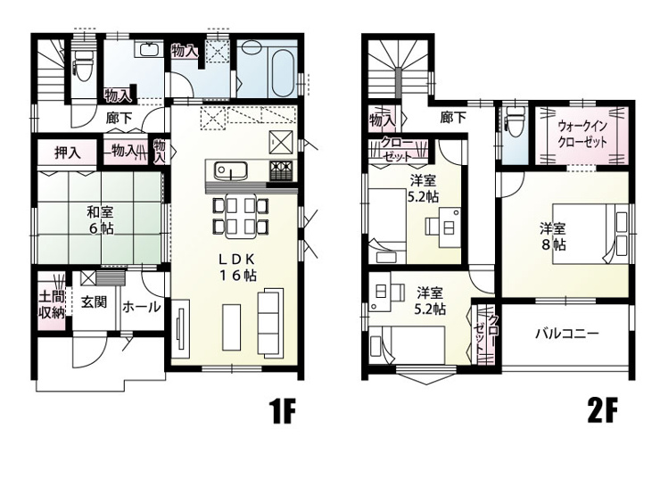 《6号棟　間取図》広々16帖のLDKと和室が繋がる、開放感あふれる4LDK！2階にはたっぷり収納できるWICや、家族それぞれが快適に過ごせる個室も完備。明るく笑顔が溢れる暮らしがイメージできますね！