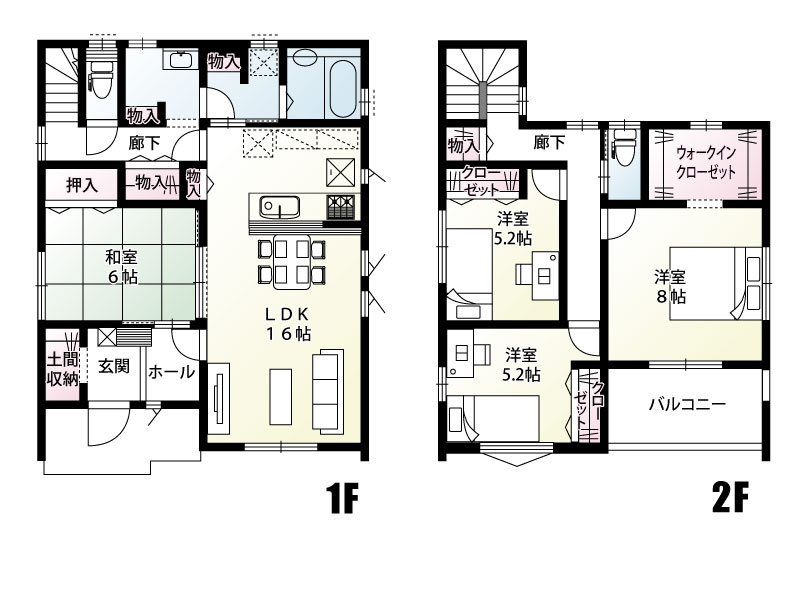 《6号棟　間取図》広々16帖のLDKと和室が繋がる、開放感あふれる4LDK！2階にはたっぷり収納できるWICや、家族それぞれが快適に過ごせる個室も完備。明るく笑顔が溢れる暮らしがイメージできますね！